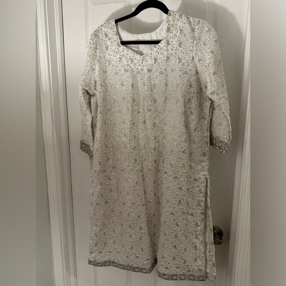 Custom white and silver embroidered and bead work shalwaar kameez